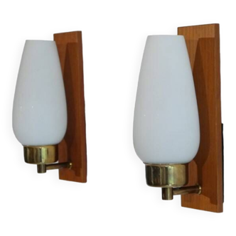 Pair of Danish teak and opaline glass wall lights