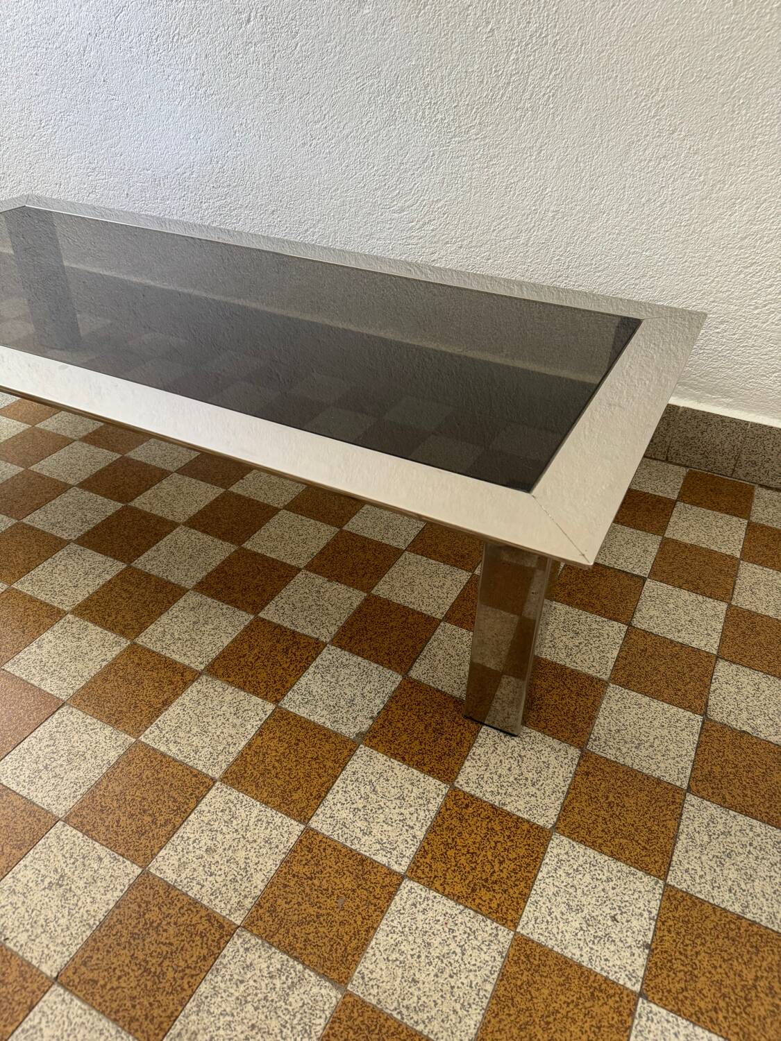 Rectangular coffee table in chrome steel and smoked glass from the 70s