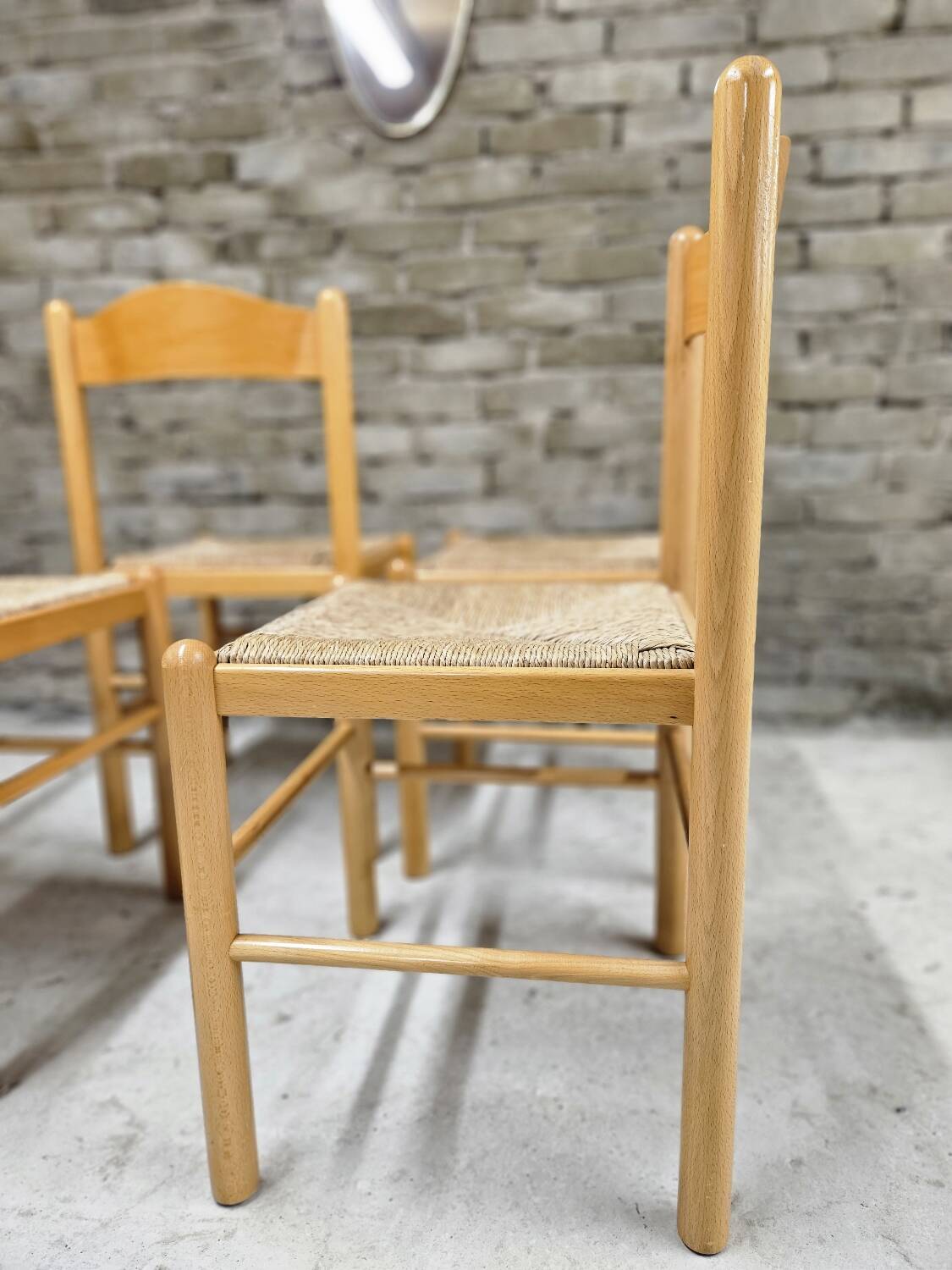 Set of 4 vintage pine and rush chairs
