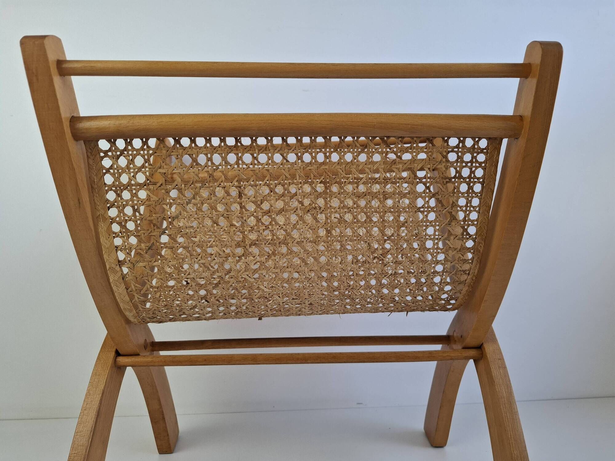 Vintage Mid-Century Wooden and Rattan Folding Magazine Rack, Czechoslovakia