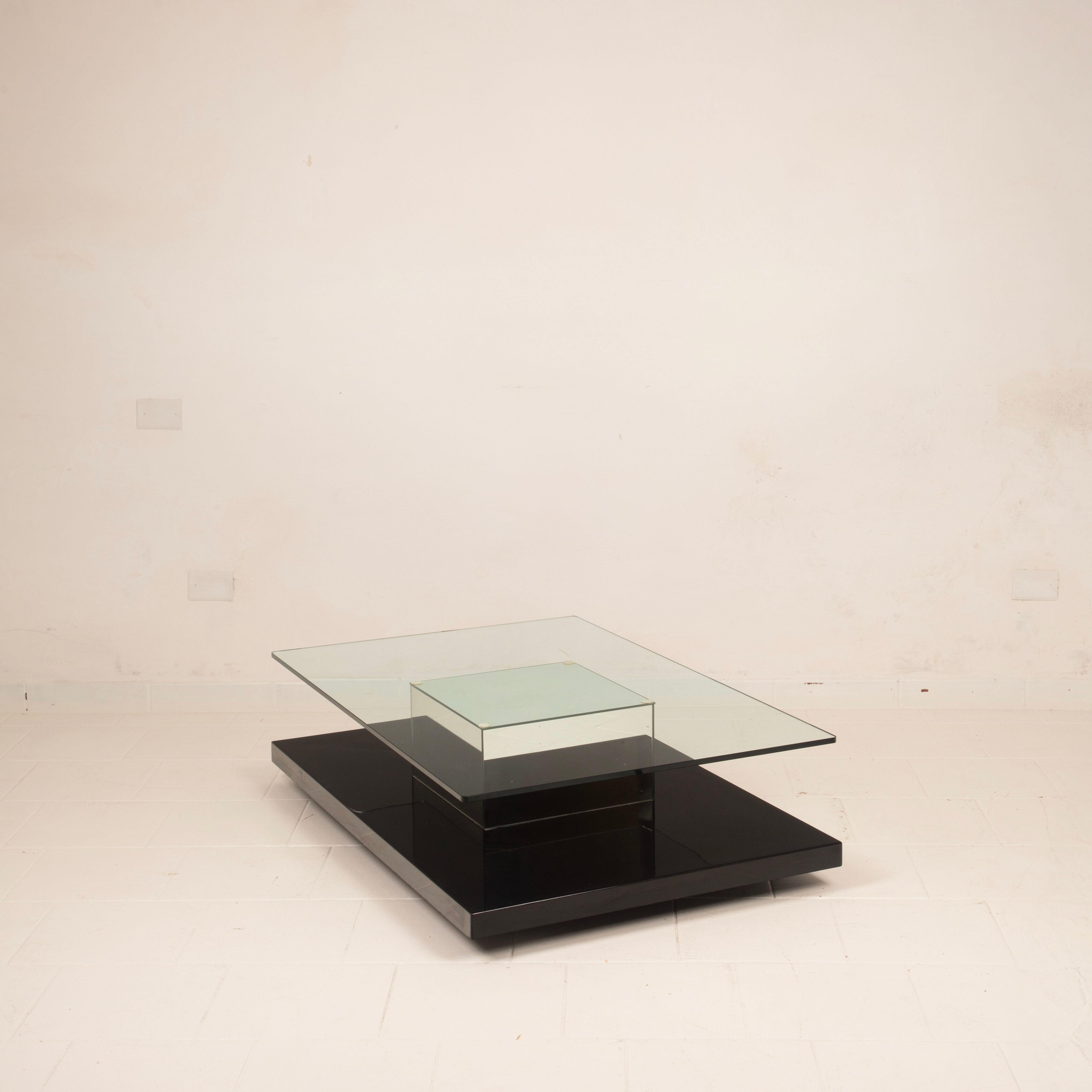 Cidue Mid Century Italian Black Lacquer, Mirror and Glass Coffee Table 1970