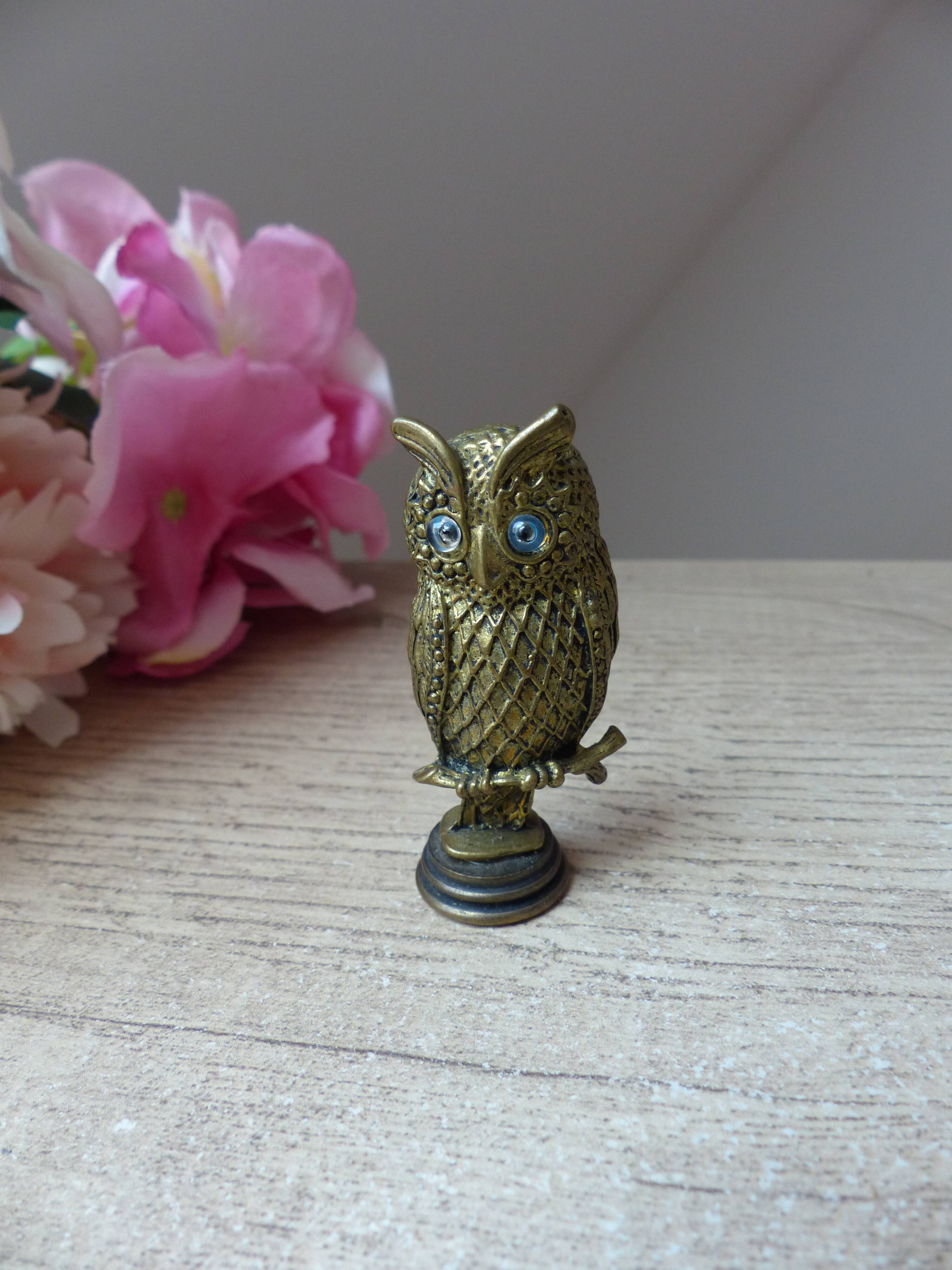 Miniature owl figurine Greece Brass Plated Bronze on Base