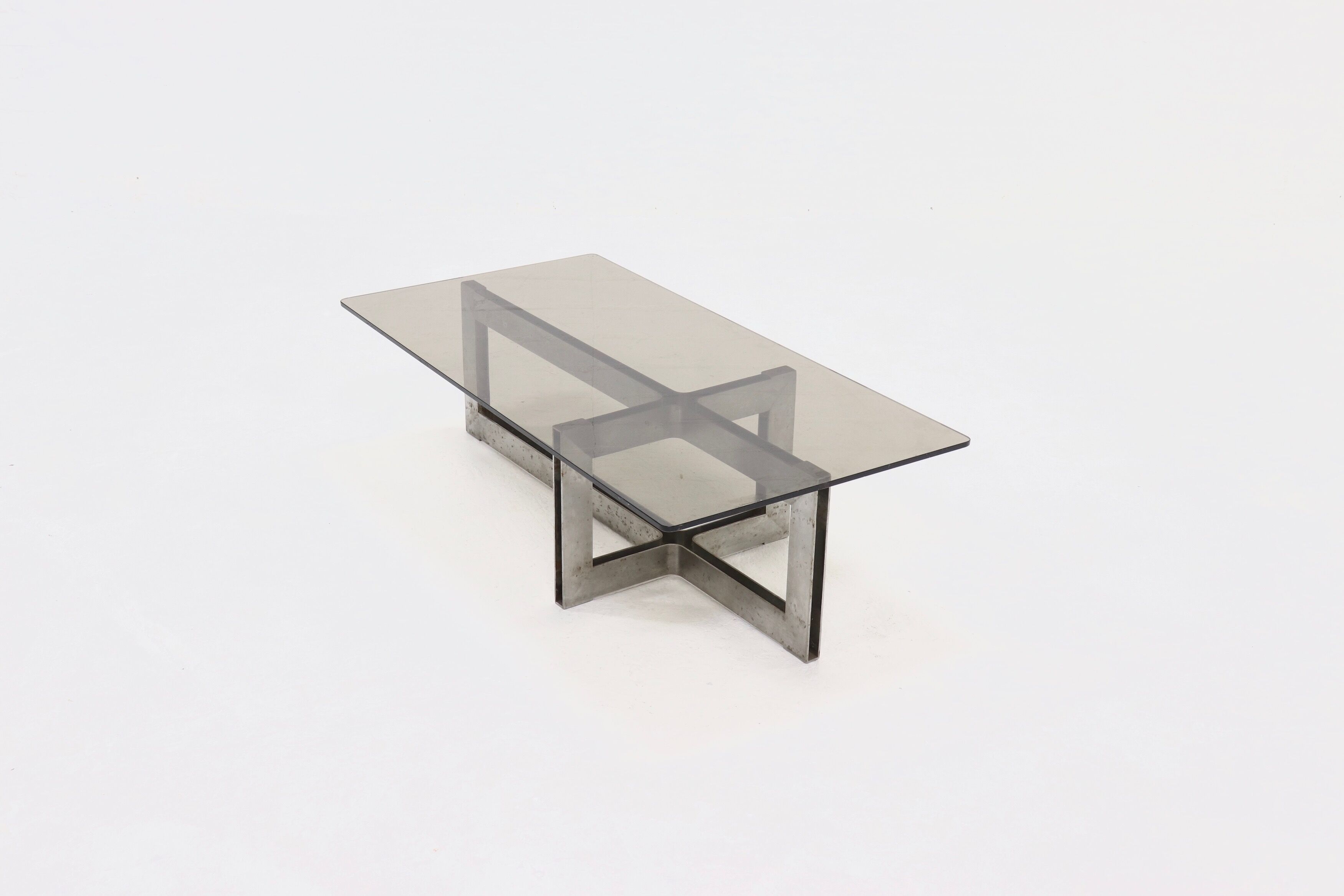 Brutalist steel and smoked glass coffee table 1970s