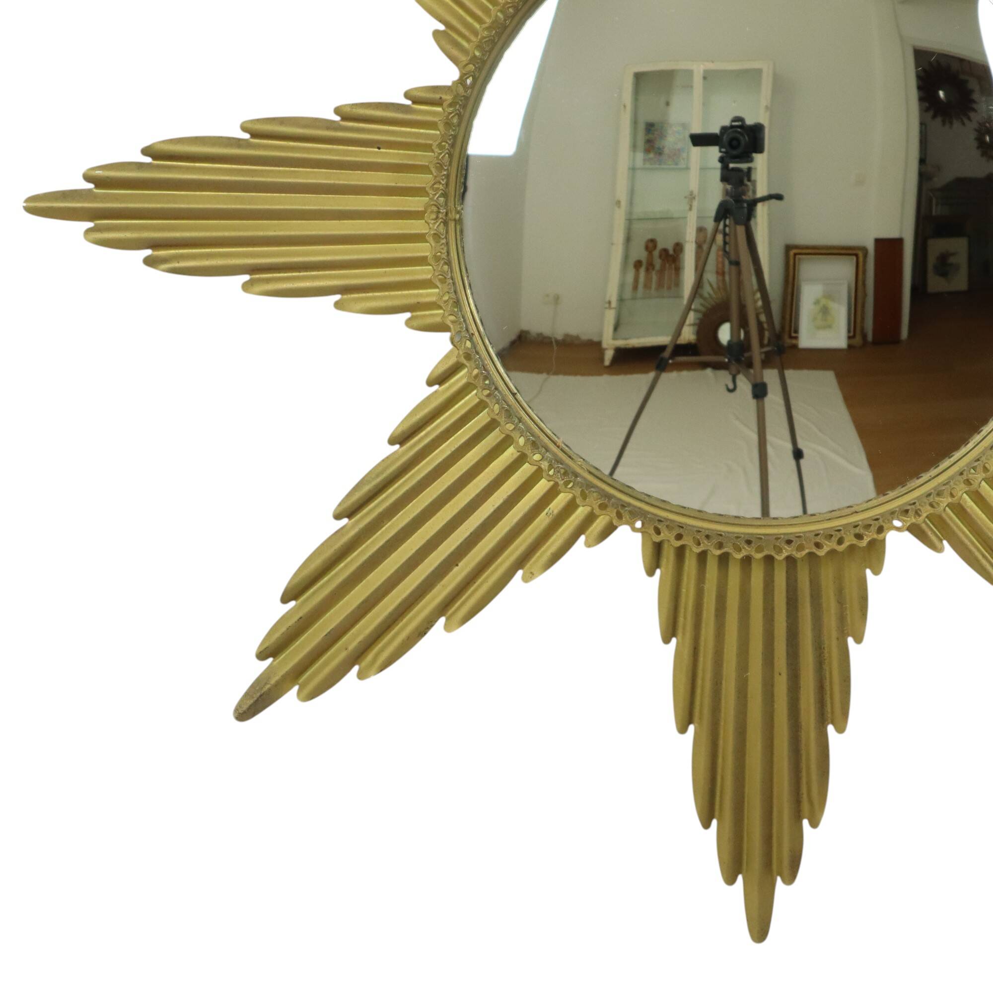 Large Starburst Sunburst Mirror Convex Gold Metal