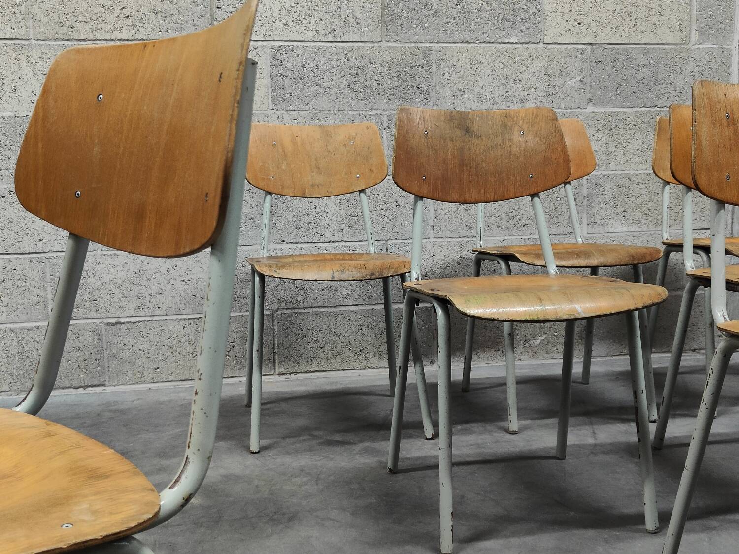 Set of 12 metal and wood school chairs Czechoslovakia Kovona