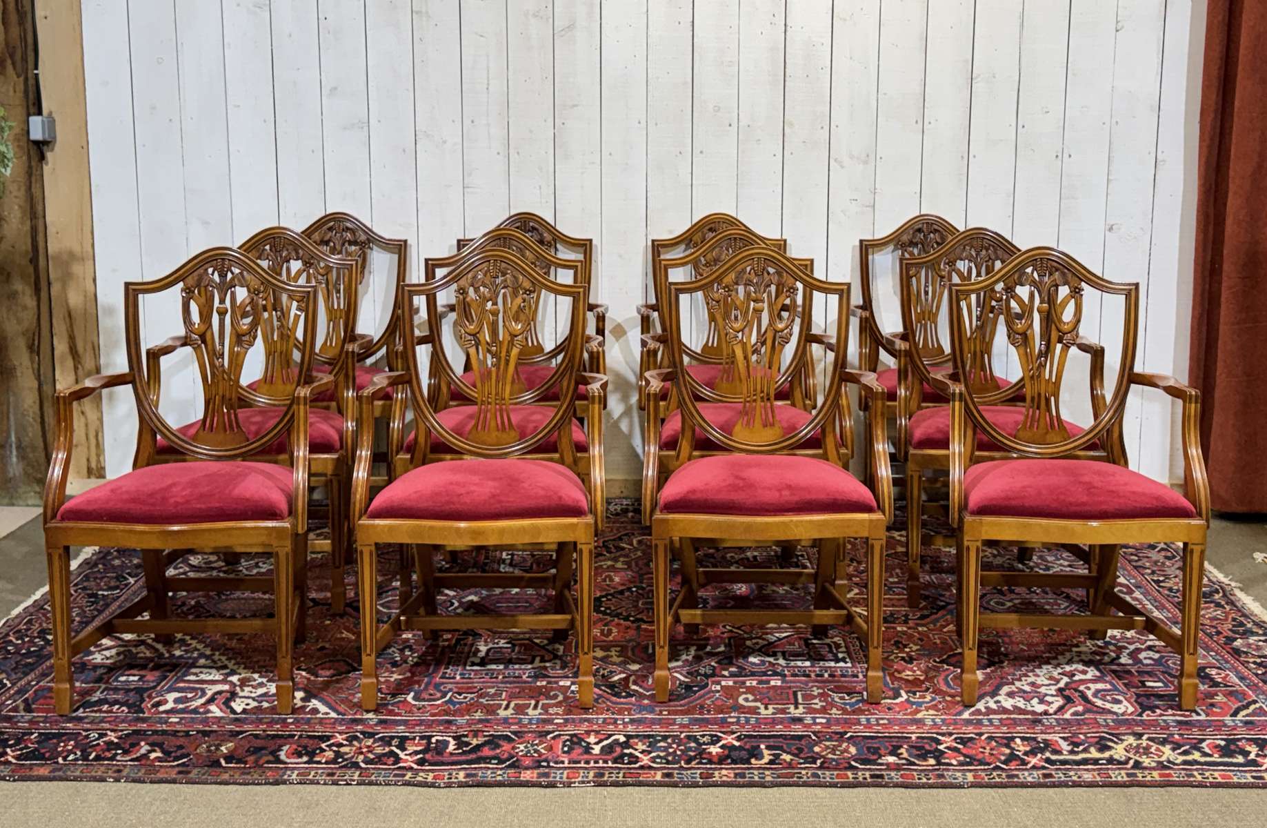 Set of 12 English Regency style beech armchairs from the 1970s.