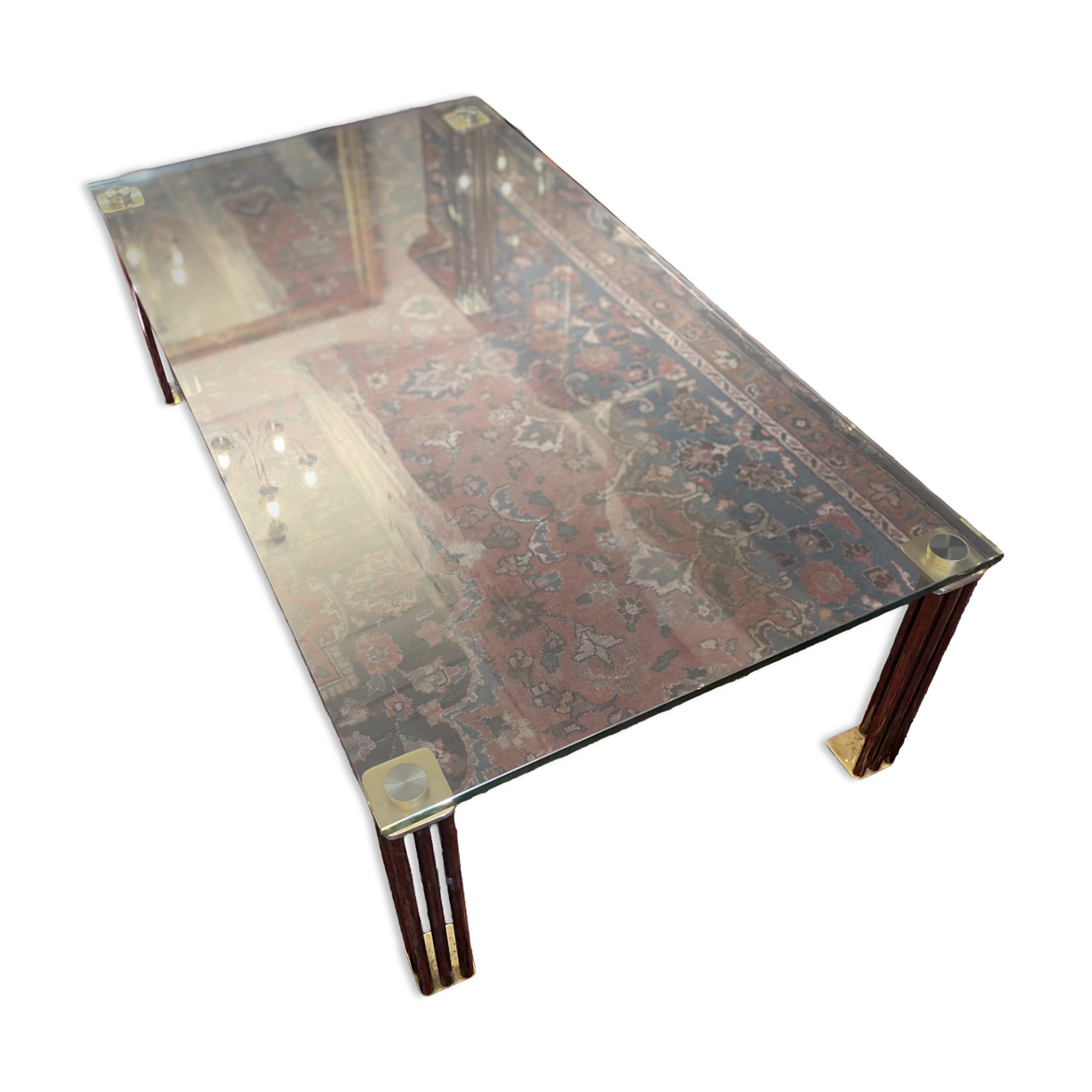 Vintage Hollywood Style Coffee Table - Glass, Brass & Fluted Legs,