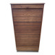 Oak two-column filing cabinet with curtains.