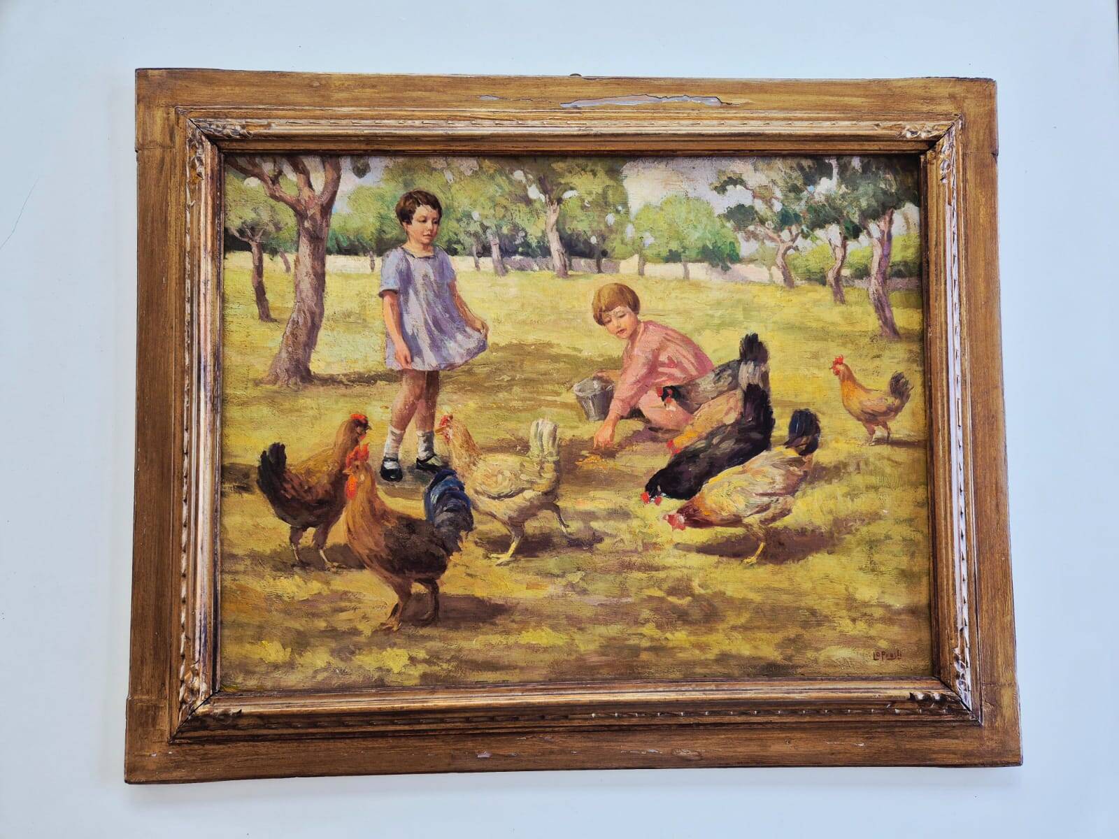 Oil Painting on Canvas "Children at the Farm" Signed Lo Presti - Gilded Frame