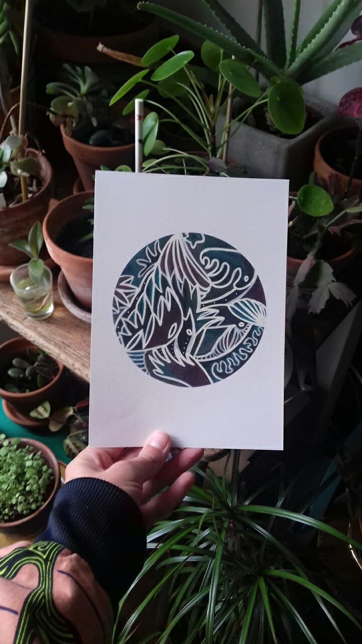 "Tribal green" postcard illustration