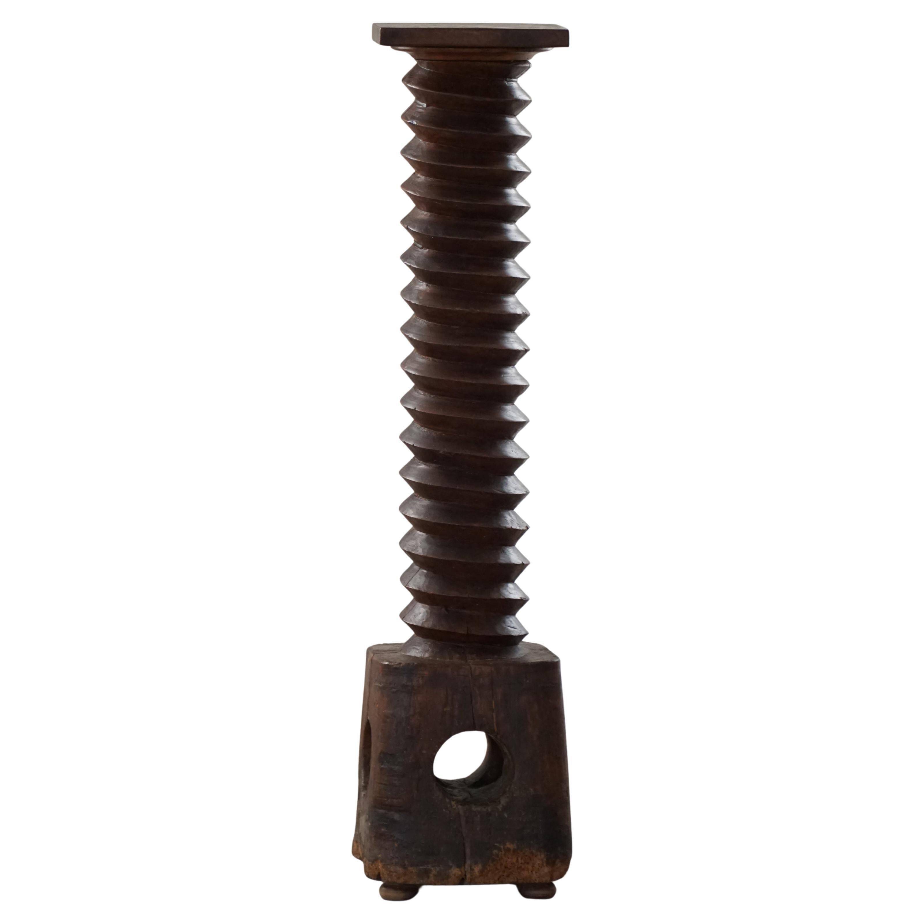 19th-century sculptural French wine press in solid wood / pedestal