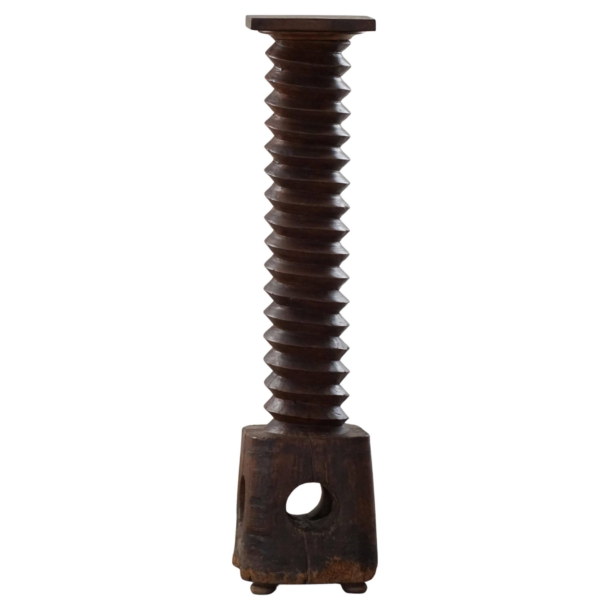 19th-century sculptural French wine press in solid wood / pedestal