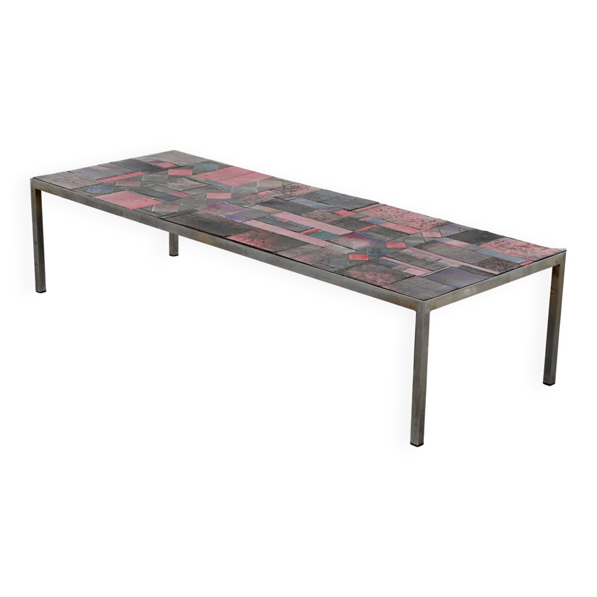 Large Ceramic-Tile Coffee Table by Pia Manu, Handcrafted, Belgium 1960's