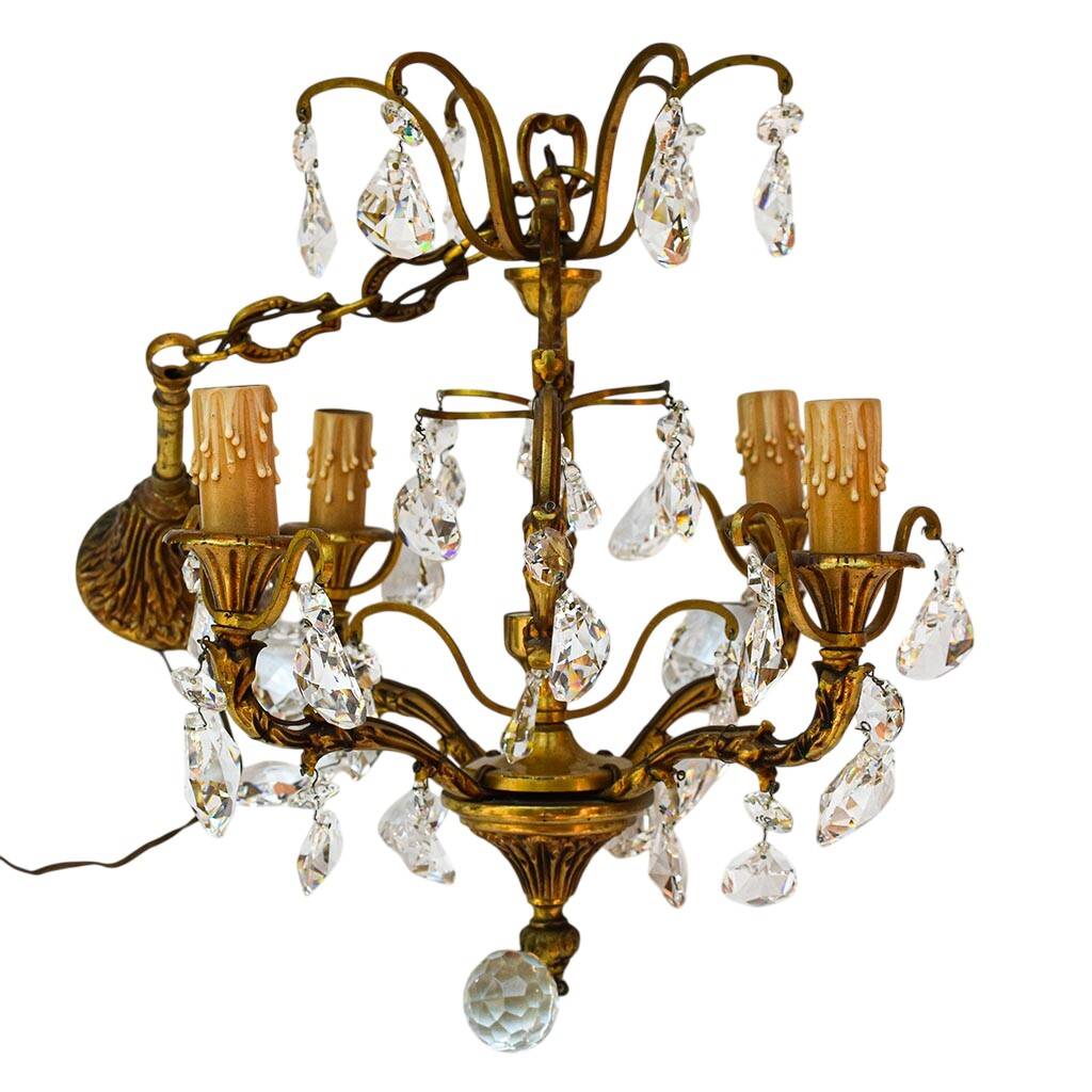 Chic chandelier with crystal tassels 4 lights gilded bronze H 69 cm vintage