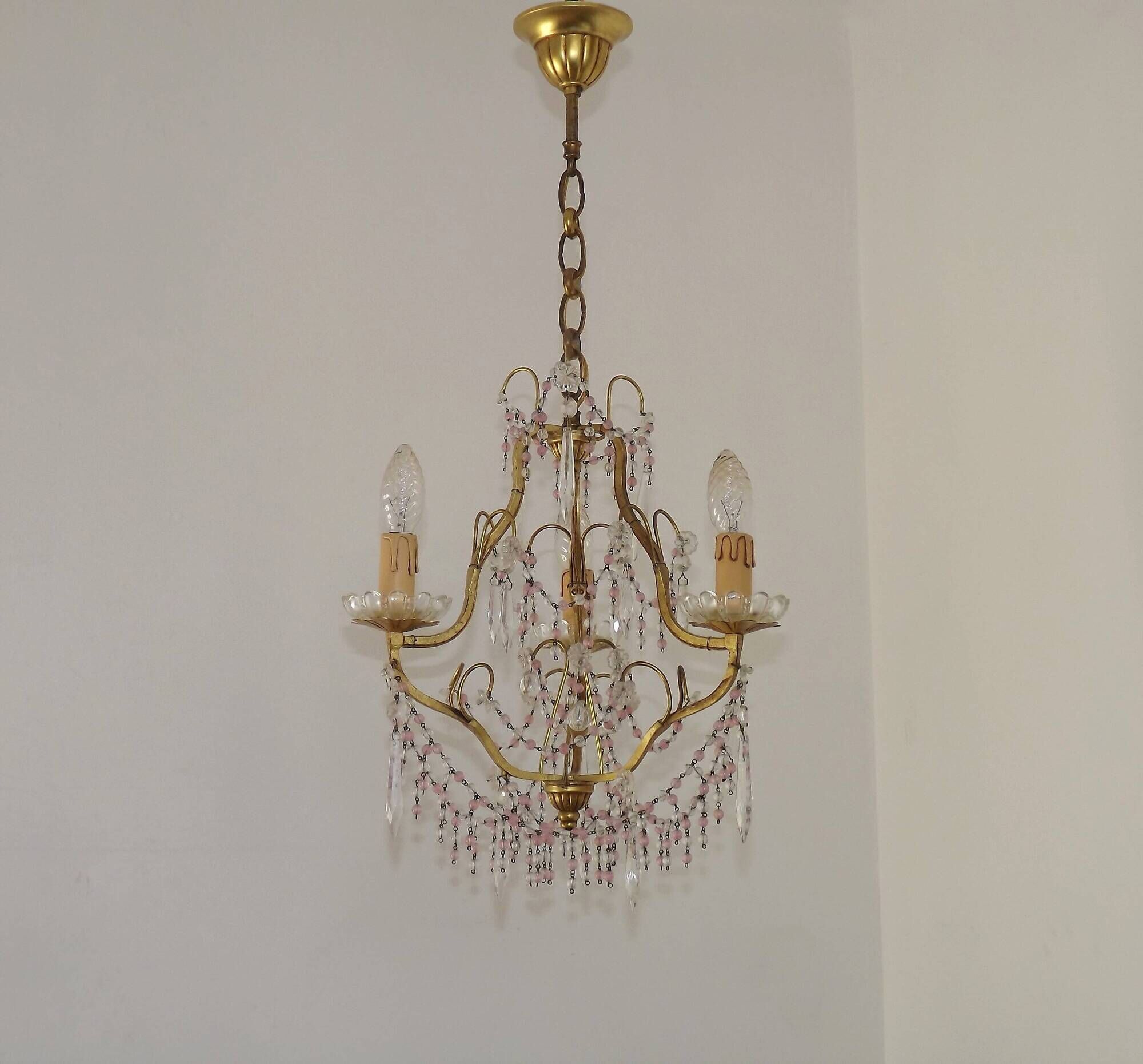 French gilt bronze three-light cage chandelier with pink and clear beaded swags.