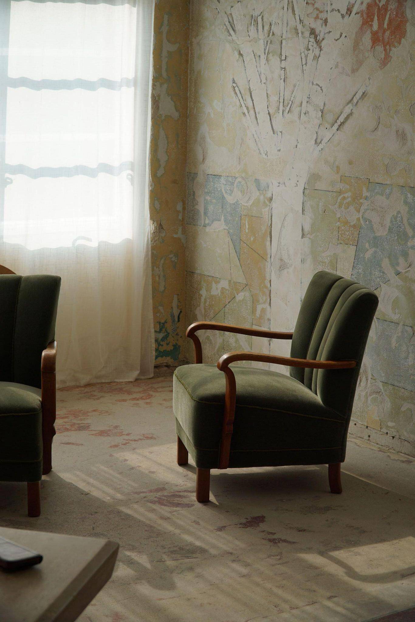 Danish Art Deco, set of 3 oak armchairs, reupholstered in green mohair, 1930s.