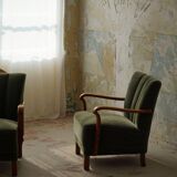 Danish Art Deco, set of 3 oak armchairs, reupholstered in green mohair, 1930s.