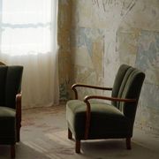 Danish Art Deco, set of 3 oak armchairs, reupholstered in green mohair, 1930s.