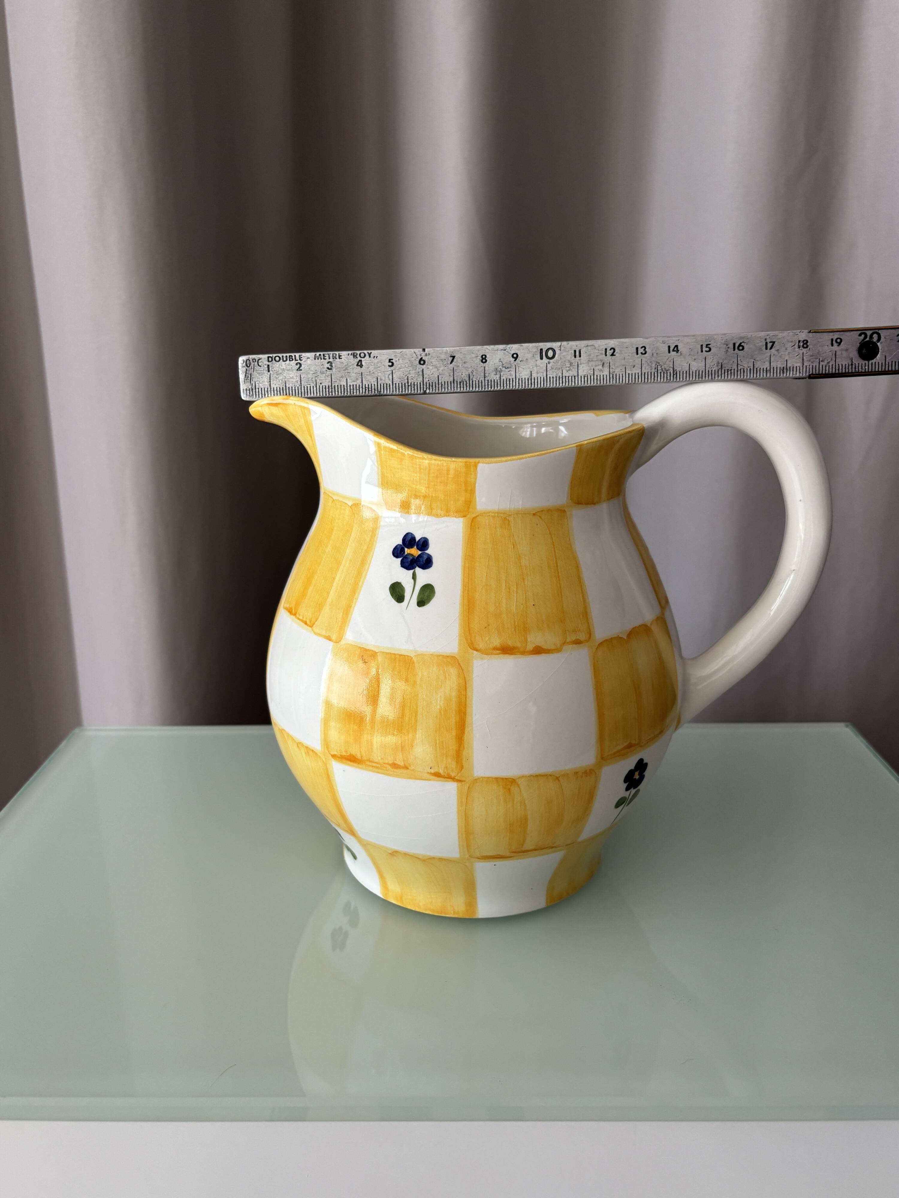 Cottagecore hand-painted ceramic jug – yellow check & blue flowers