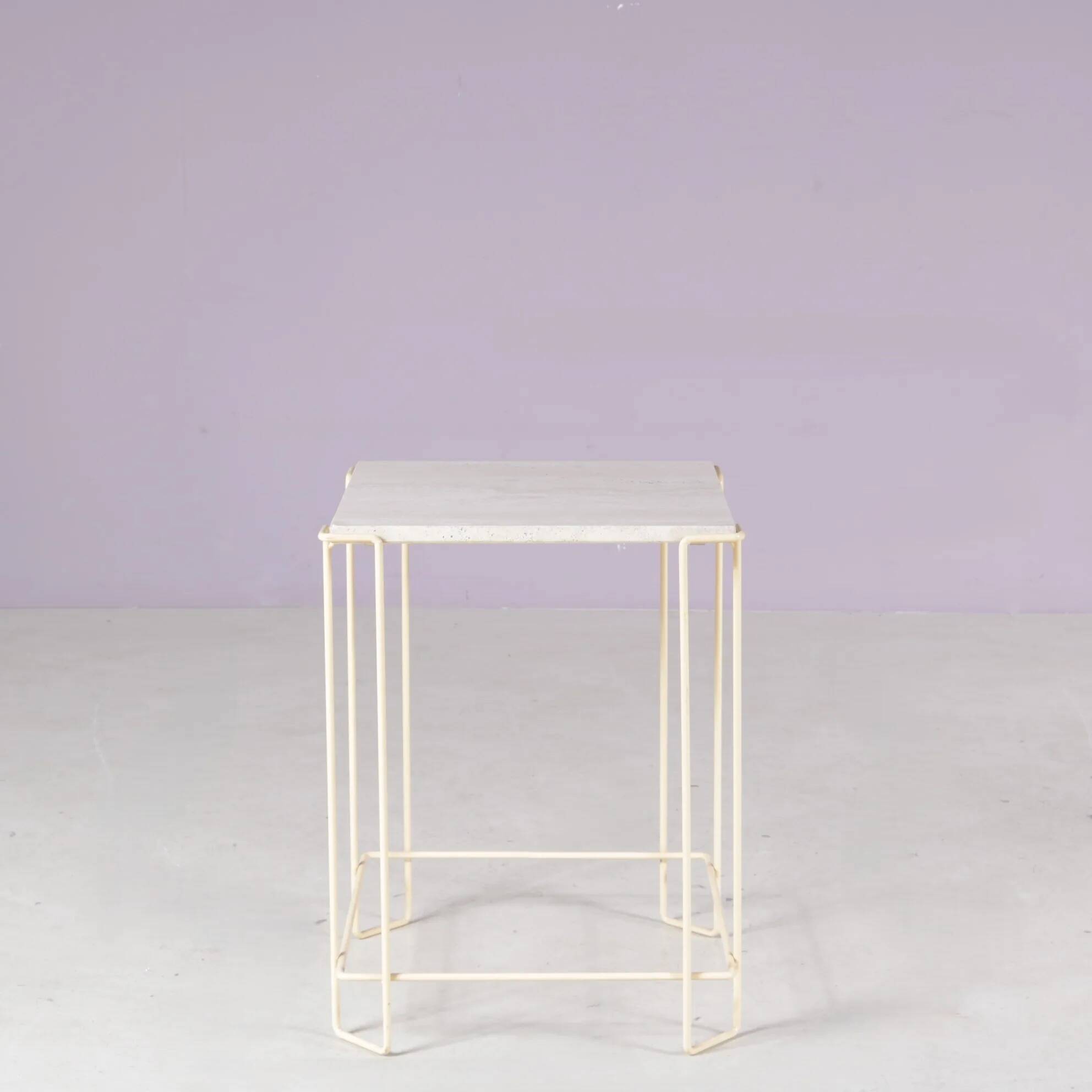 1980s side table beige metal frame with travertine top in the style of Max Sauze