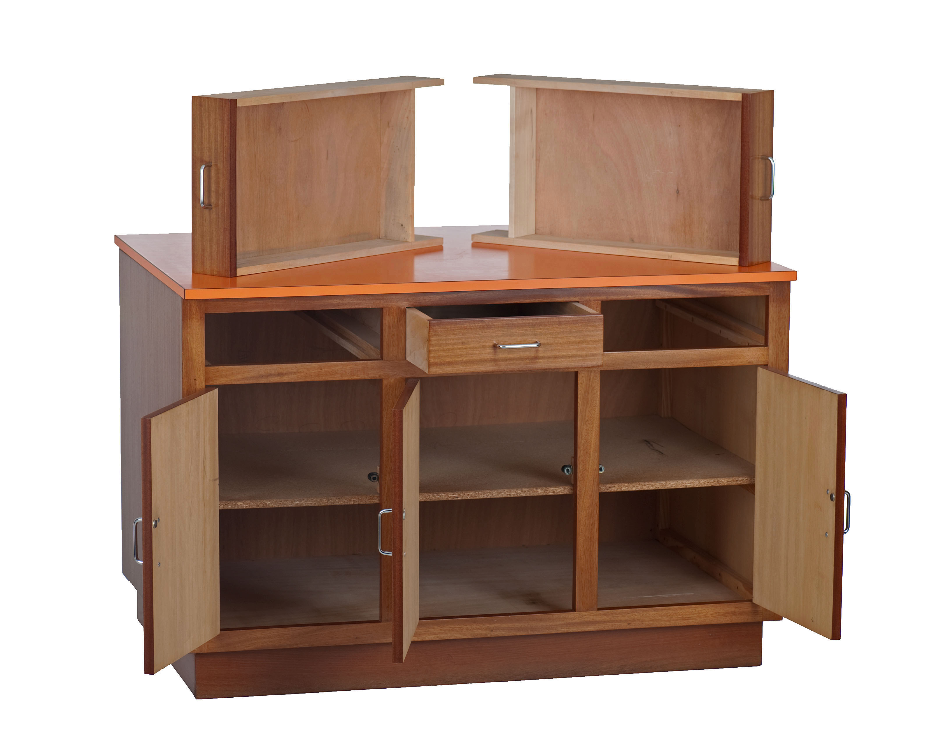 Vintage trading counter in wood and formica orange 1960