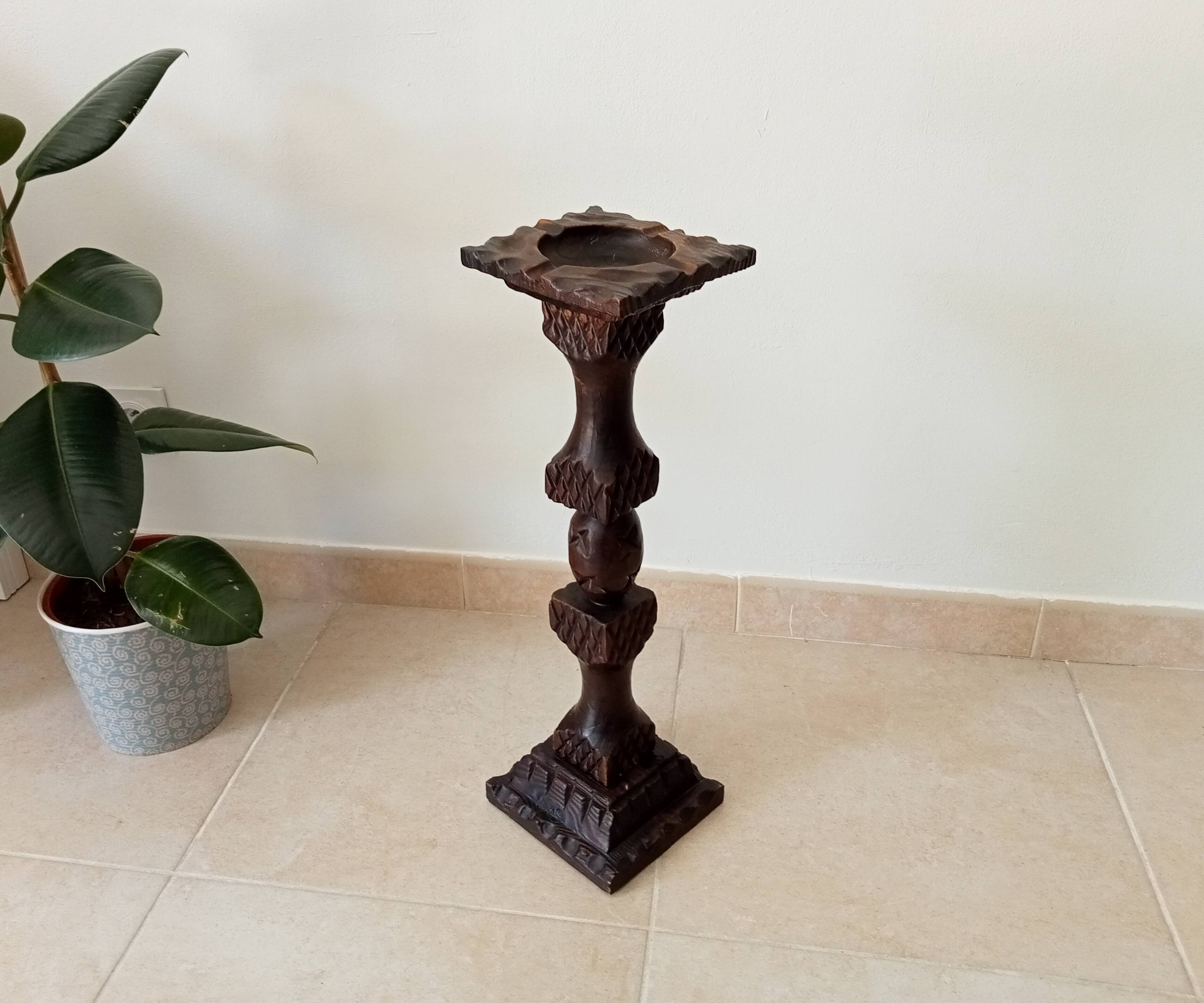Vintage carved wooden pedestal ashtray