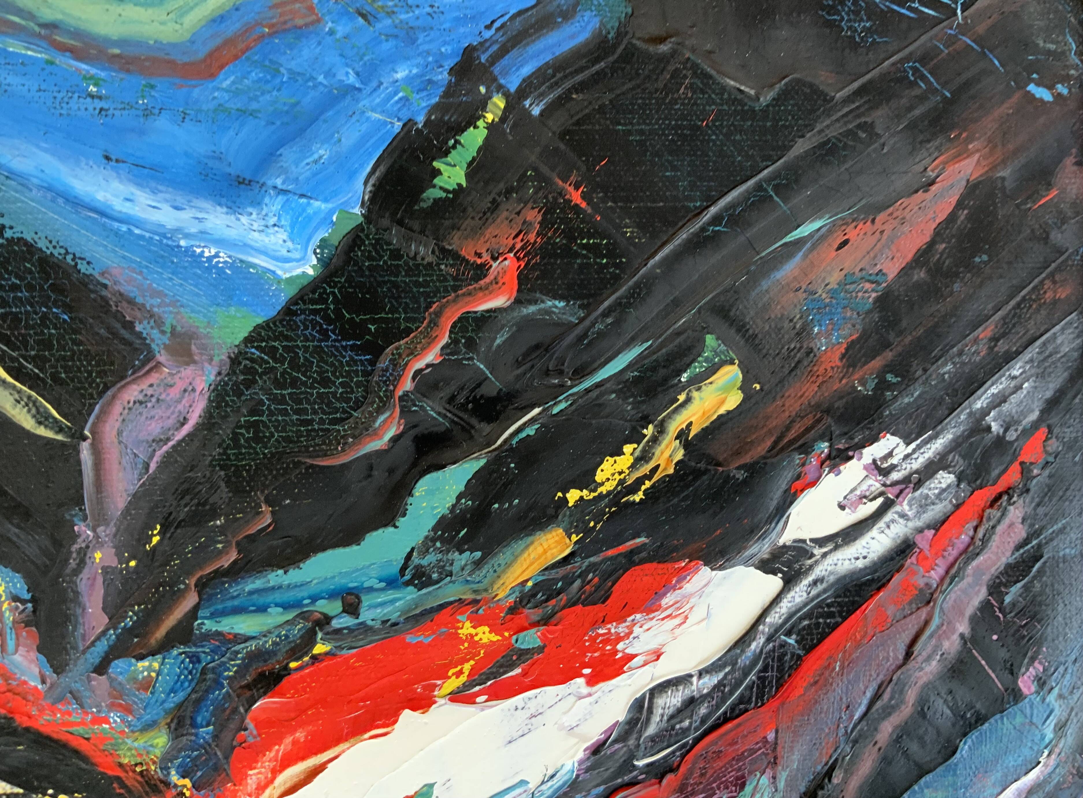 Petite peinture abstraite vintage de paysage, signée Axel, années 1970.
