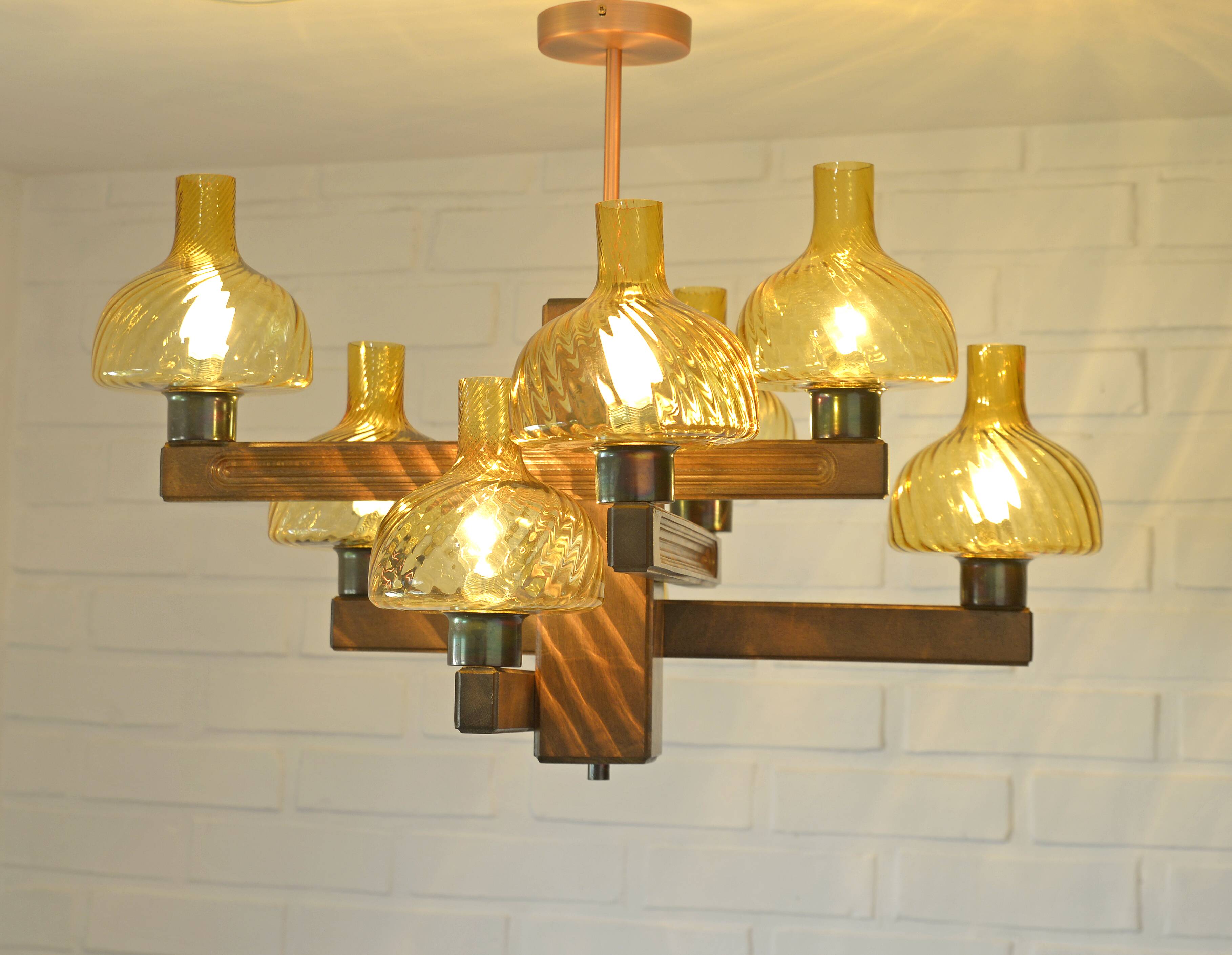 Large Vintage Rustic Wooden Chandelier Amber Glass shades Carved Wood 1980