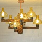 Large Vintage Rustic Wooden Chandelier Amber Glass shades Carved Wood 1980
