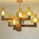 Large Vintage Rustic Wooden Chandelier Amber Glass shades Carved Wood 1980
