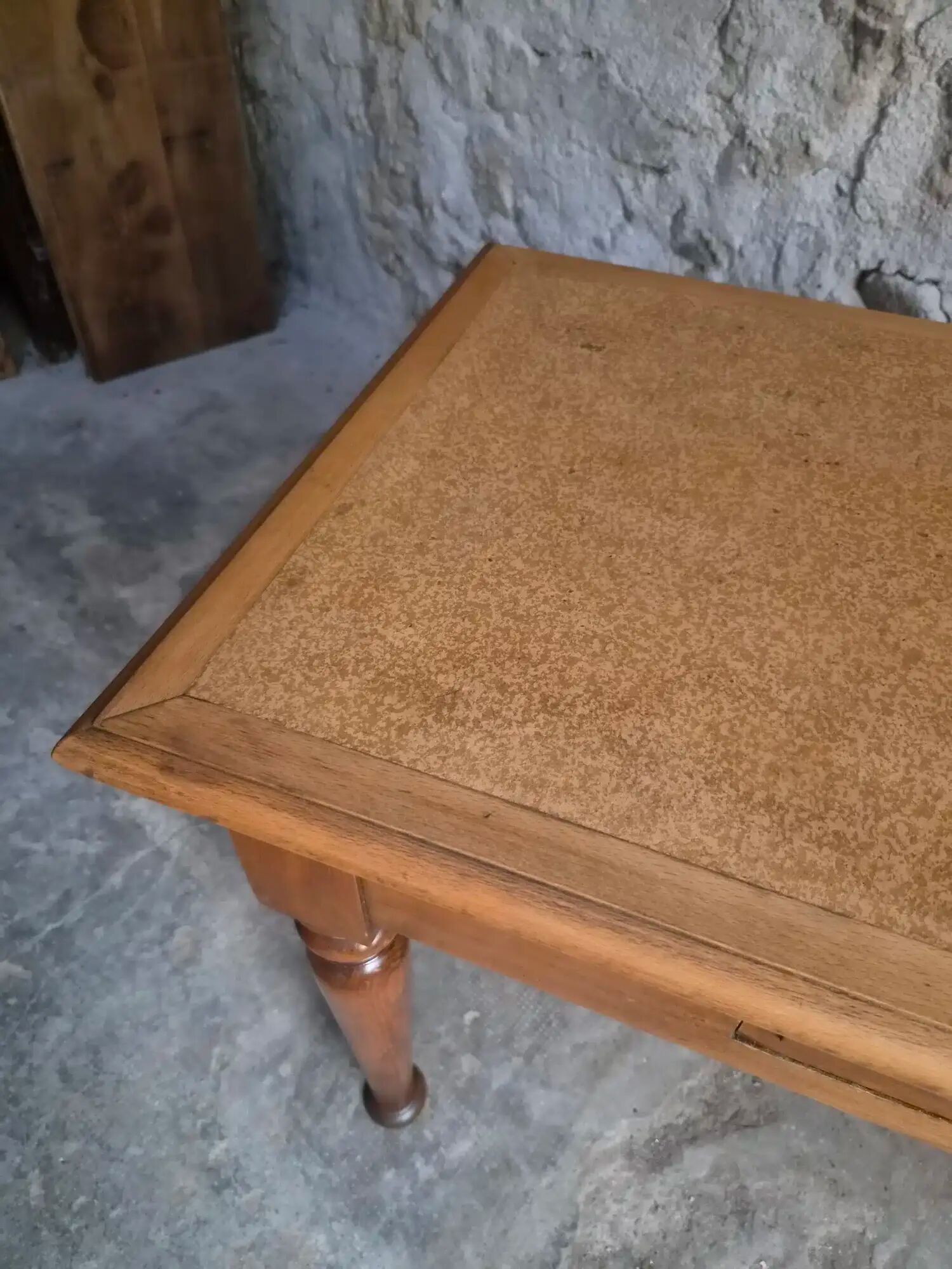 Vintage beech desk with a linoleum top and drawer.