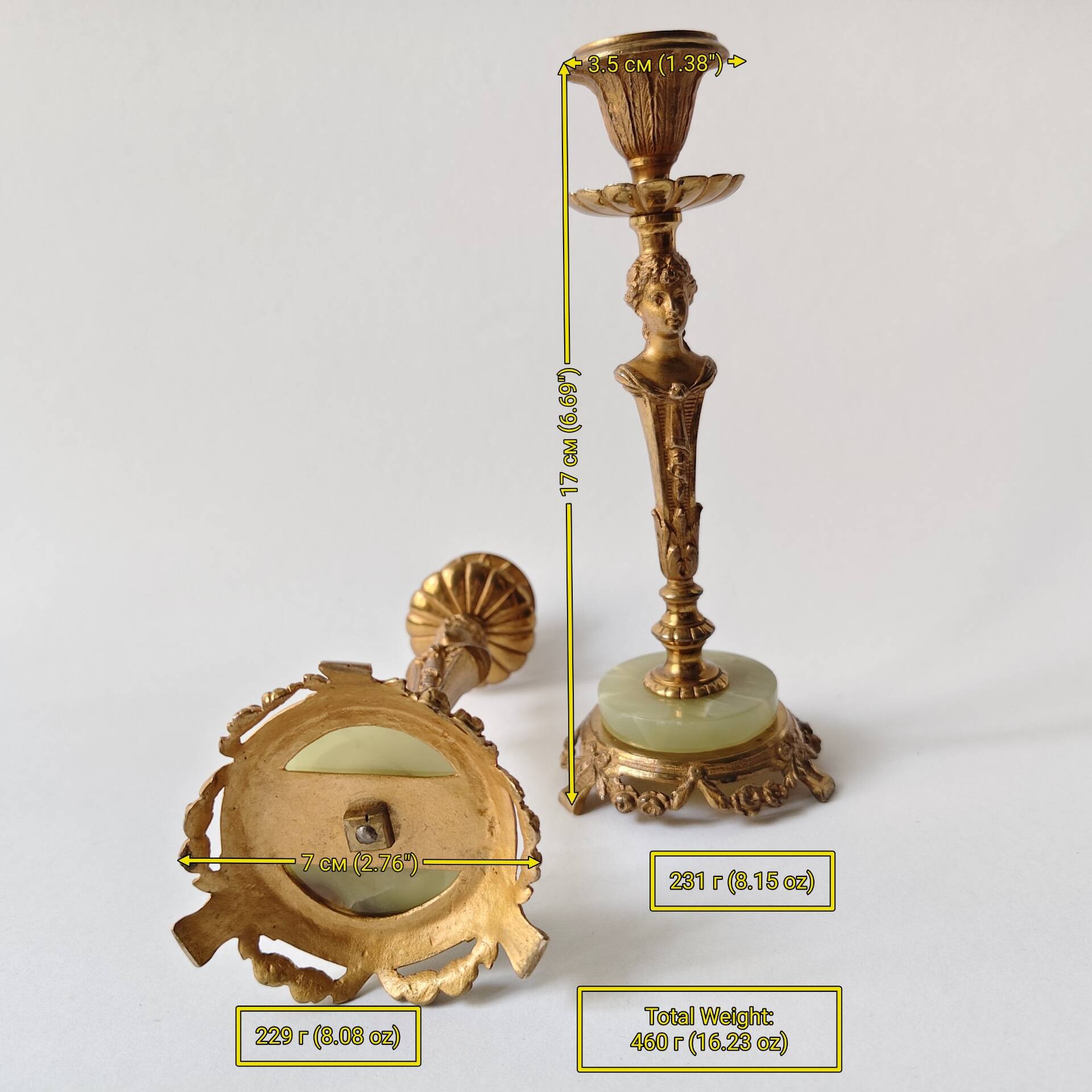 Pair of neoclassical candle holders in gilded bronze and green onyx, bust of