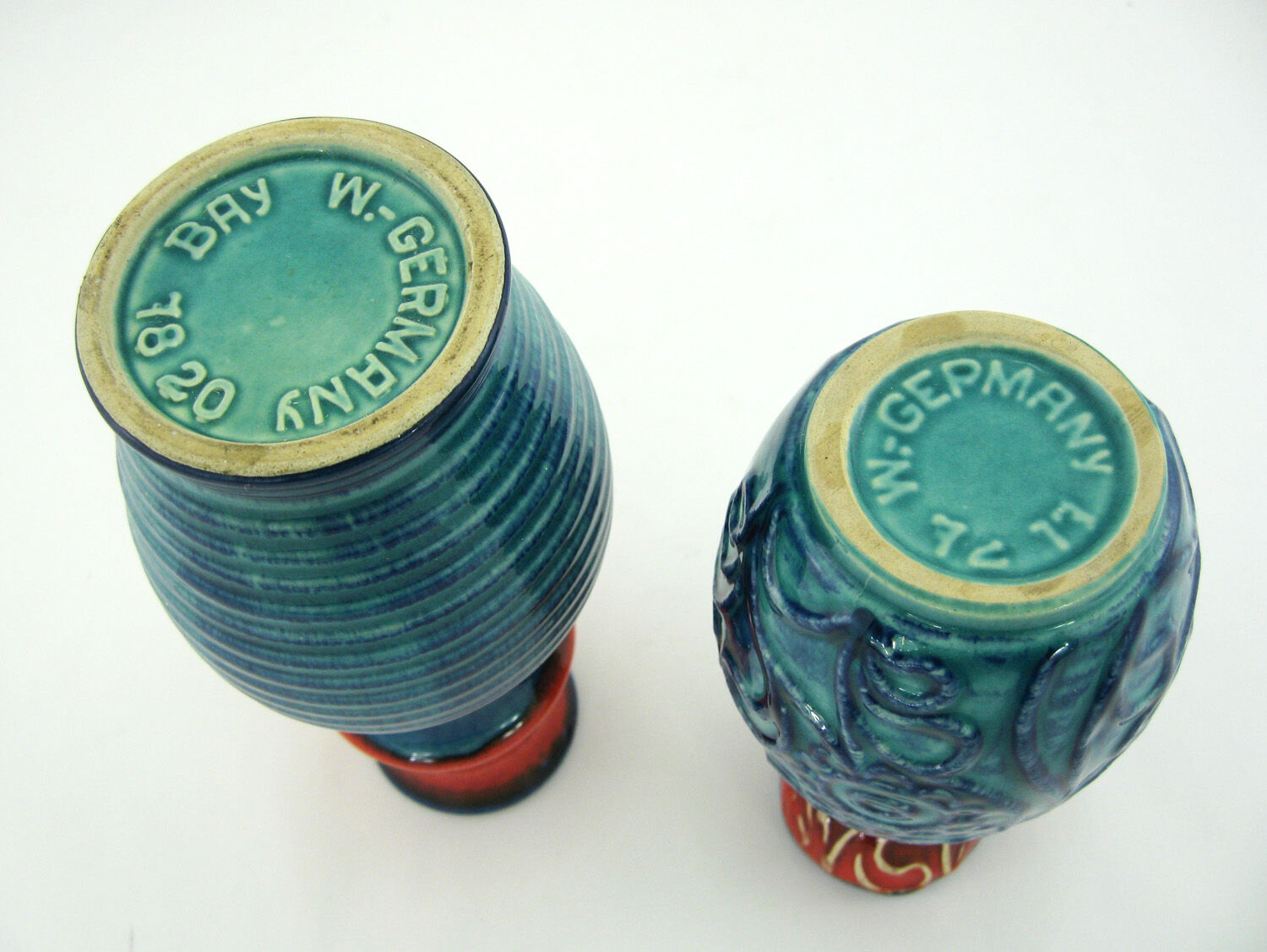 2 red and blue ceramic vases - Bodo Mans Bay Keramik - West Germany Pottery - vintage 60s