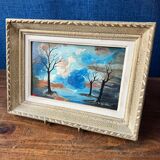 Chiaroscuro landscape painting signed ROLL, oil on cardboard, framed