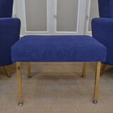 Pair of armchairs and ottoman vintage 1950 in blue velour and brass