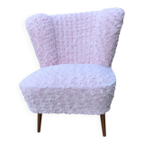Vintage cocktail chair in pale pink faux fur, solid beech legs - 1950s