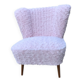 Chaise cocktail vintage en fausse fourrure rose pâle, pieds hêtre massif - 1950s