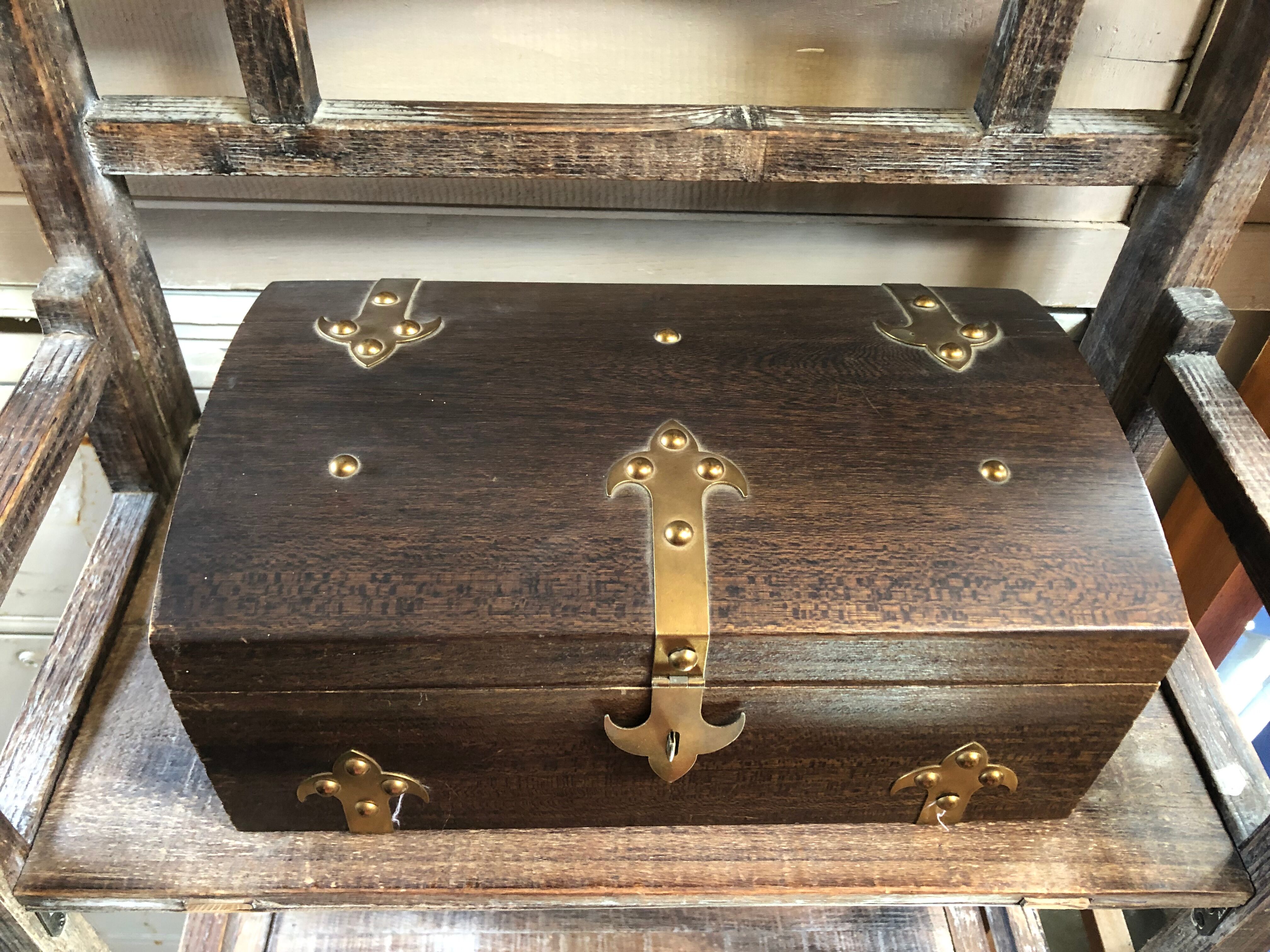 Old Box Storage Wood + Clamoir Metal Gilded Interior Fabric Red Vintage