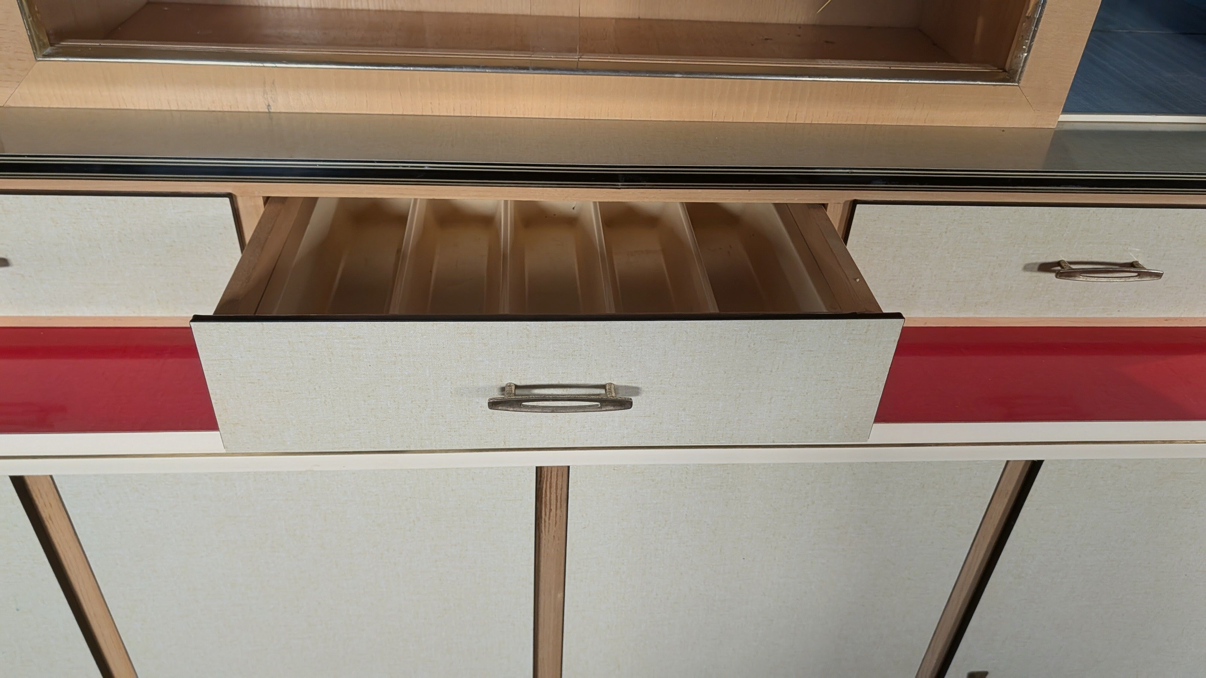 Modernist buffet in almond green & vermilion red 50