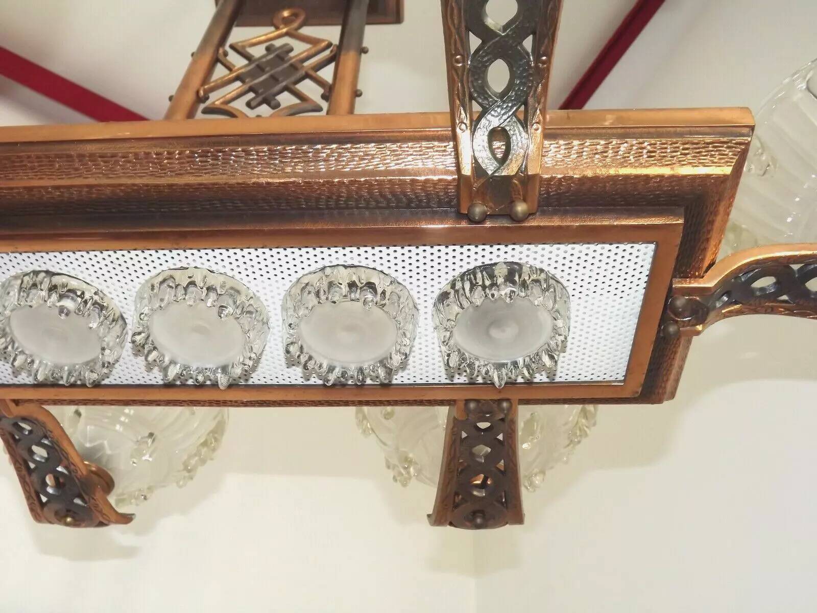 French Art Deco 6-Arm, 10-Light Chandelier Petitot Ezan Style, Copper Tone