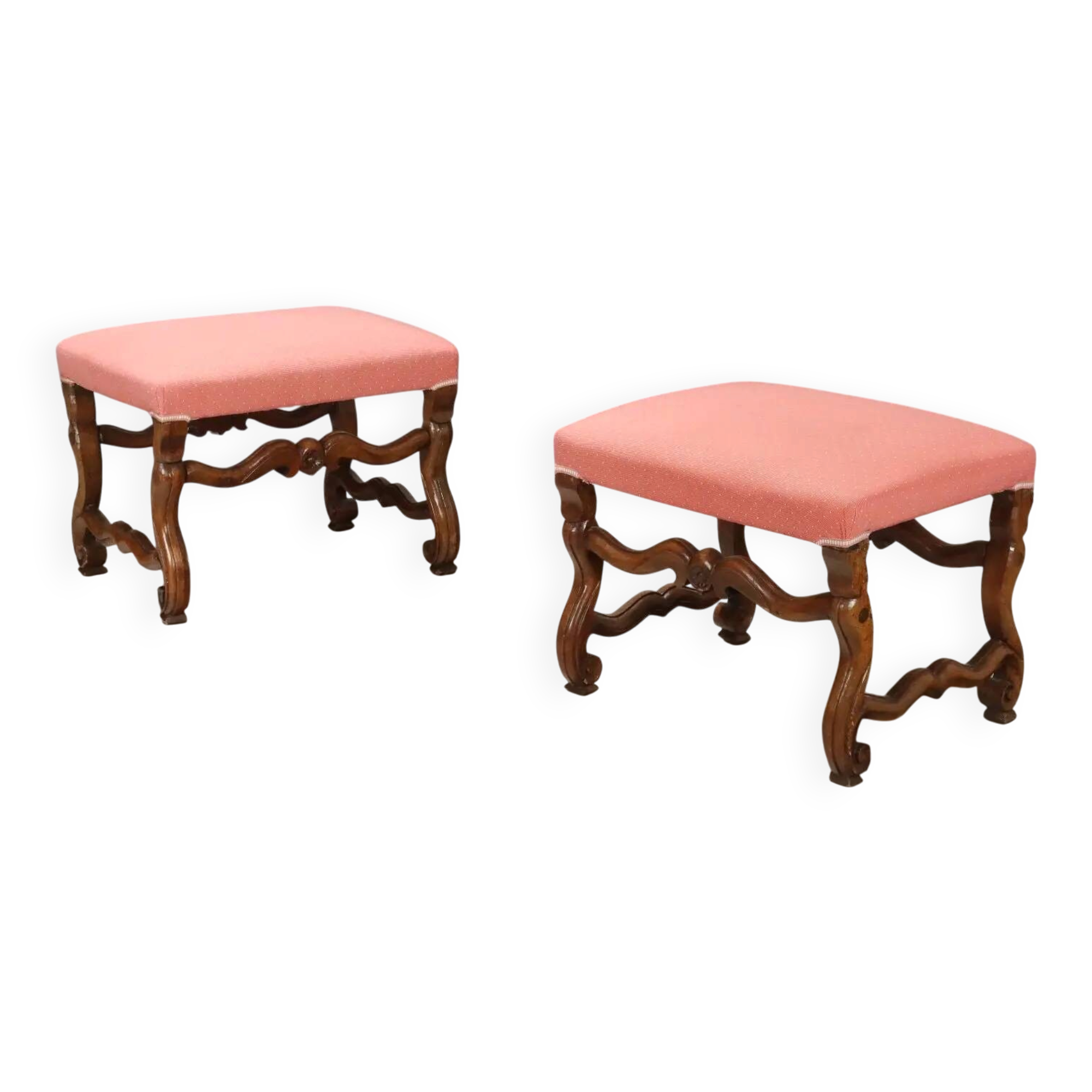 Paire de tabourets baroques anciens en noyer sculpté et tissu, Italie, XVIIIe siècle