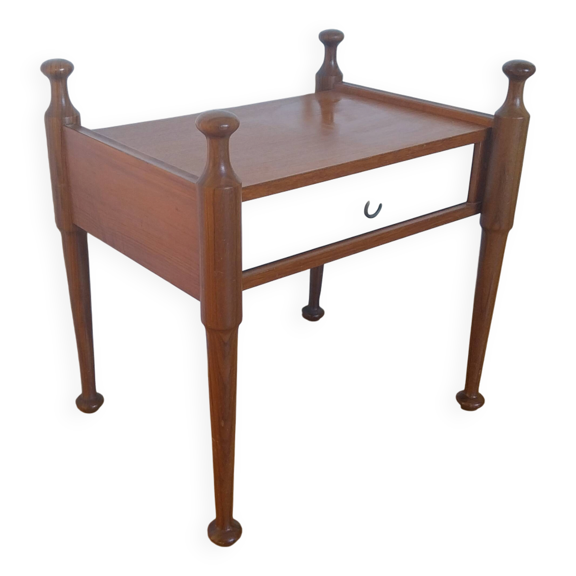 Teak bedside table with a vintage white lacquer drawer, Gautier furniture.