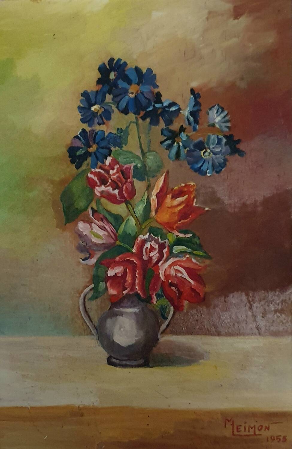 Oil painting on wood of wild flowers signed Meimon.