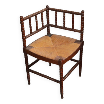 Chaise d'angle vintage en chêne tourné et en paille France