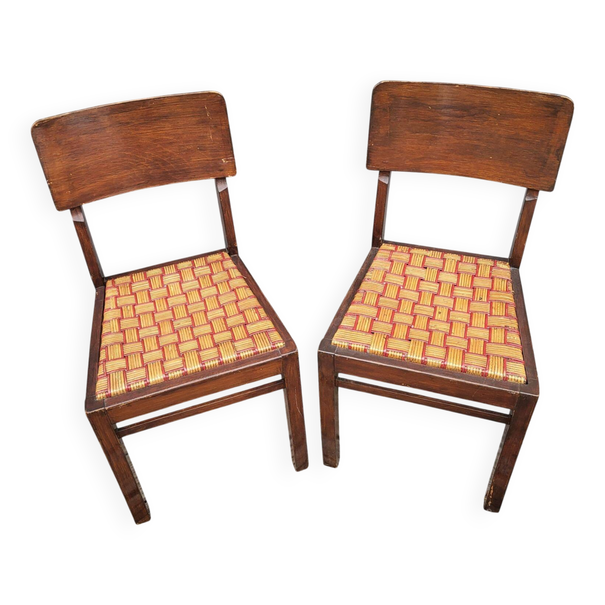 Set de 2 chaises bistrot 1950 bois et rotin