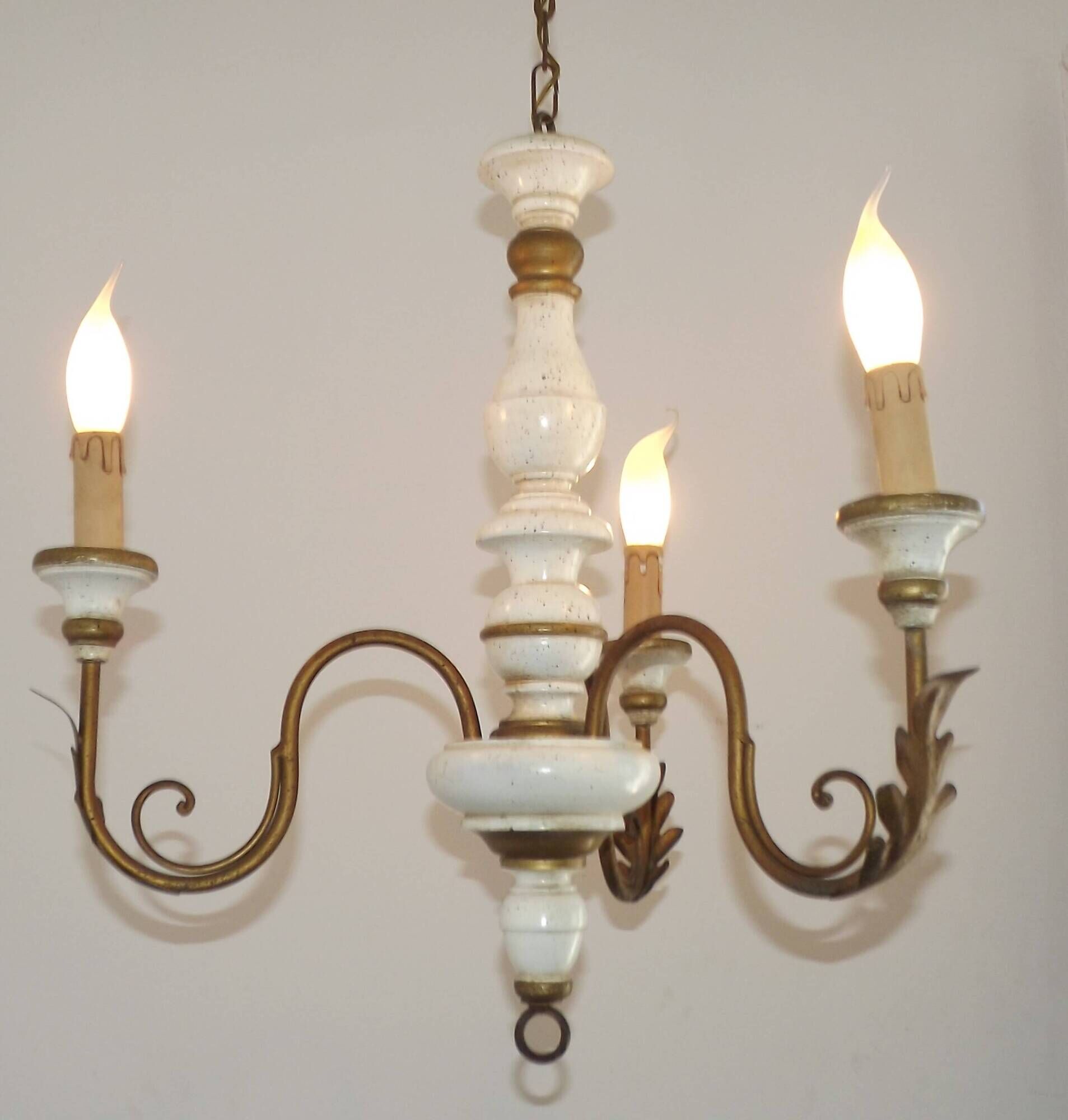 Vintage French 3-Light Chandelier White Wood & Bronzed Effect Metal