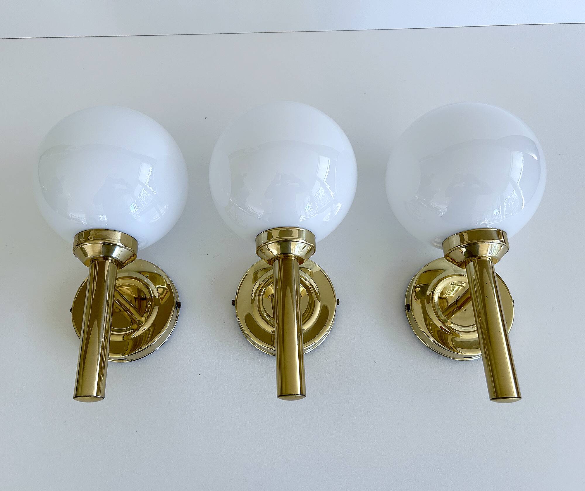 3 Vintage Scandinavian Glass and Brass Wall Lights