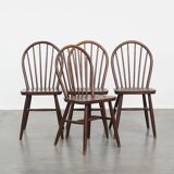 Set of 4 wooden vintage in English style Windsor slat chairs from the 70s.