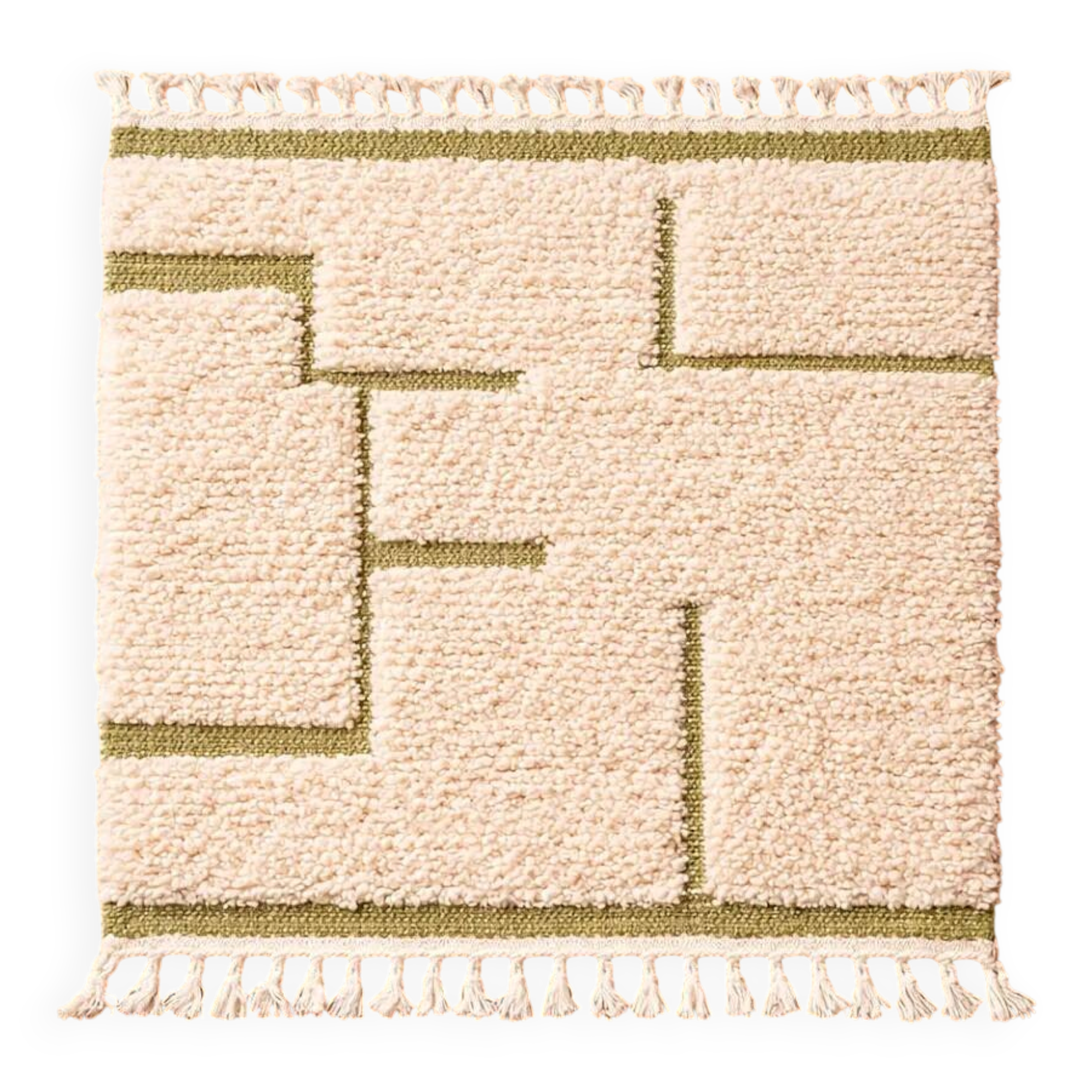 Beige Berber rug with a structured green abstract pattern.