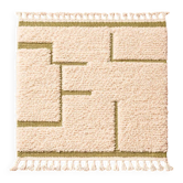 Beige Berber rug with a structured green abstract pattern.